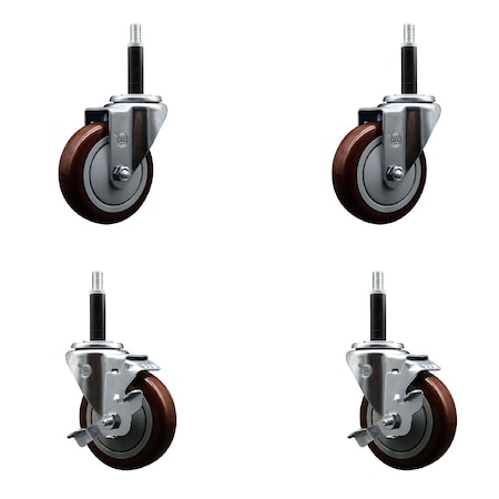 Service Caster 4'' SS Maroon Poly Wheel Swivel 3/4'' Expanding Stem Caster Set 2 Brakes, 4PK SCC-SSEX20S414-PPUB-MRN-2-TLB-2-34